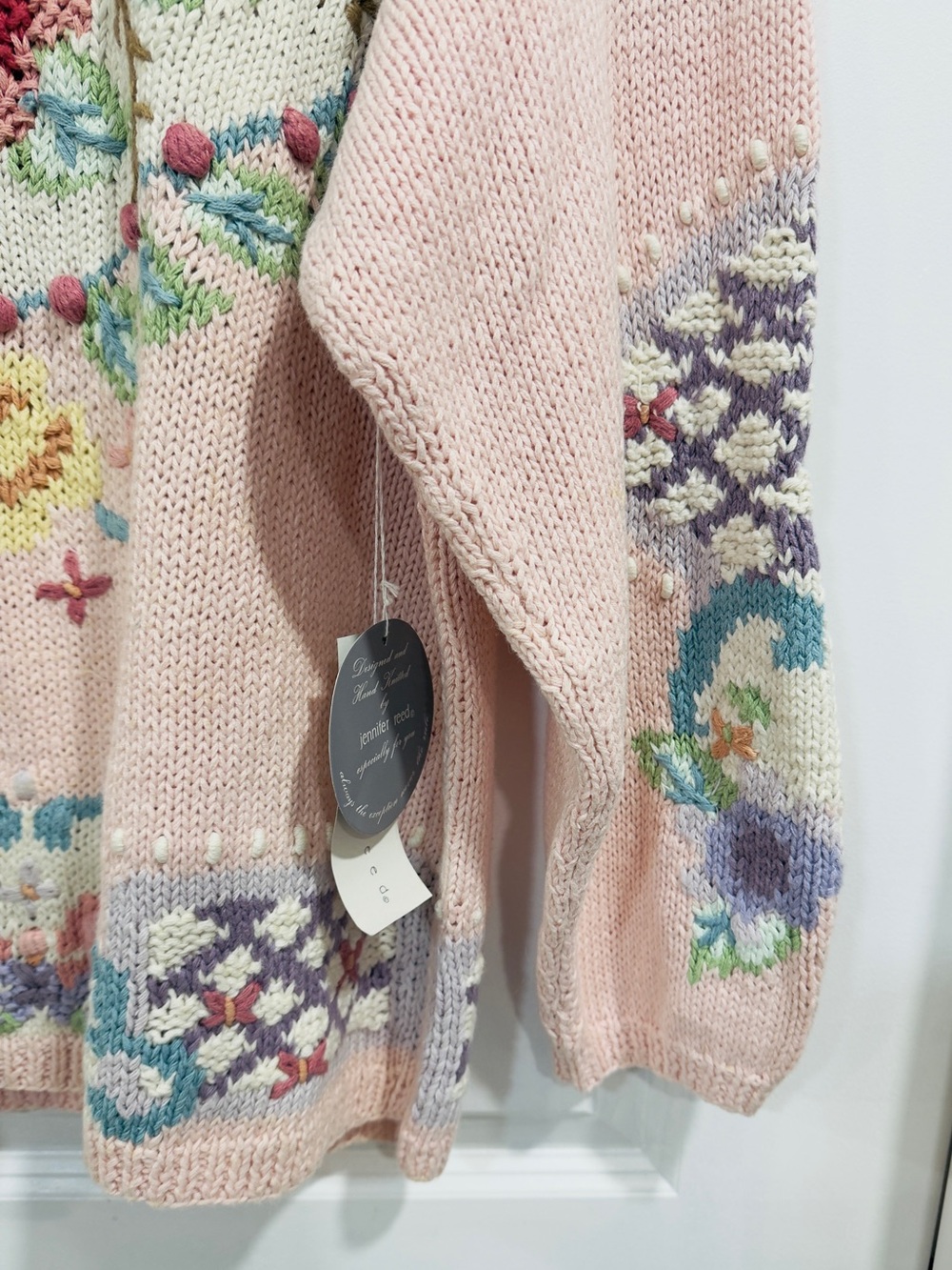 VTG Jennifer Reed Hand Knit Floral Embroidered Sweater Large Pastel Bobble NWT - Picture 6 of 10